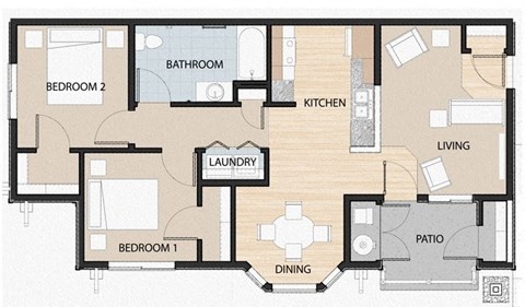 Floor plan for 2 beds, 1 bath, 904 sqft
